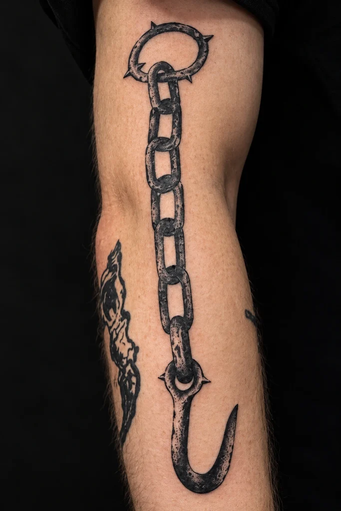 Татуировка цепи и крюка на предплечье — работа Ильи Comatoz в BLACK CIRCLE TATTOO
