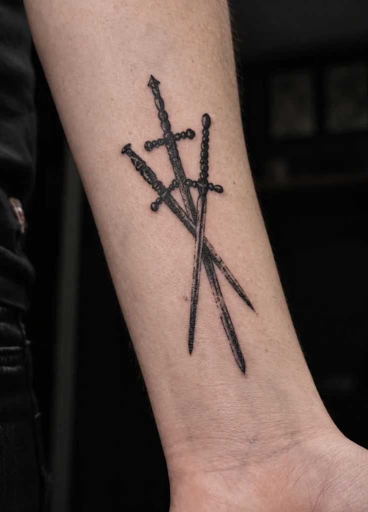 Крупный план татуировки с перекрещенными мечами — работа Ильи Comatoz в BLACK CIRCLE TATTOO