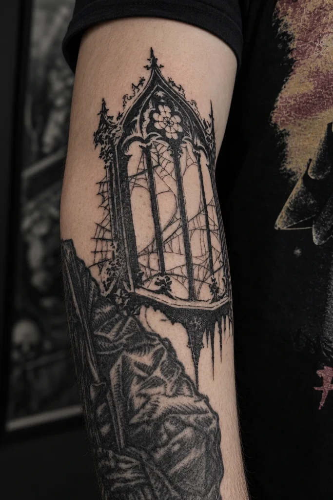 Готическое окно на предплечье — работа Ильи Comatoz в BLACK CIRCLE TATTOO