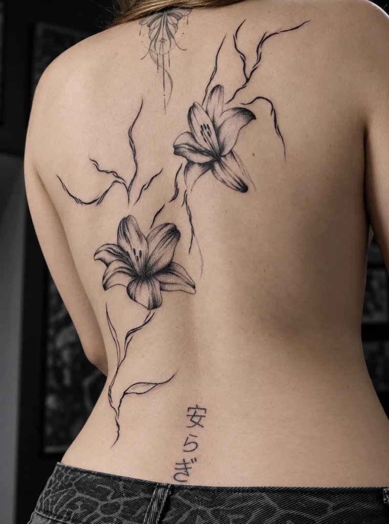 Татуировка с лилиями и иероглифами на спине — работа Ильи Comatoz в BLACK CIRCLE TATTOO