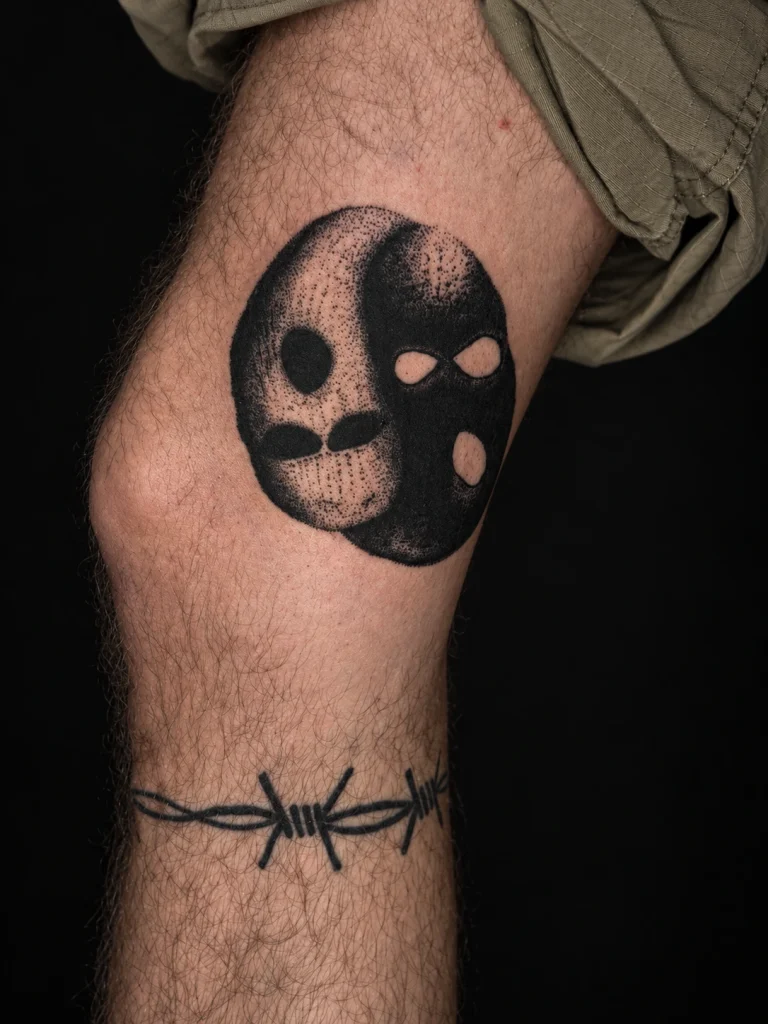 Татуировки масок и колючей проволоки — работа Ильи Comatoz в BLACK CIRCLE TATTOO