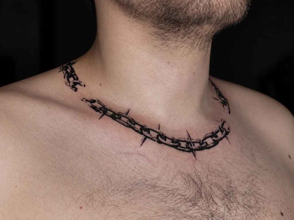 Татуировка-цепь на шее в тёмной студии — работа Ильи Comatoz в BLACK CIRCLE TATTOO