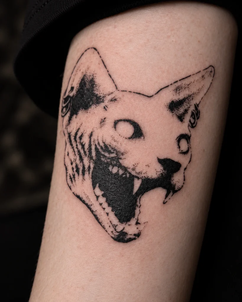 Татуировка кричащего кота на предплечье — работа Ильи Comatoz в BLACK CIRCLE TATTOO