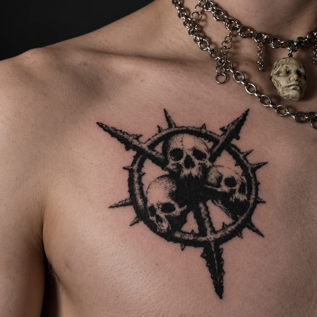 Татуировка с черепами и стальной цепью — работа Ильи Comatoz в BLACK CIRCLE TATTOO
