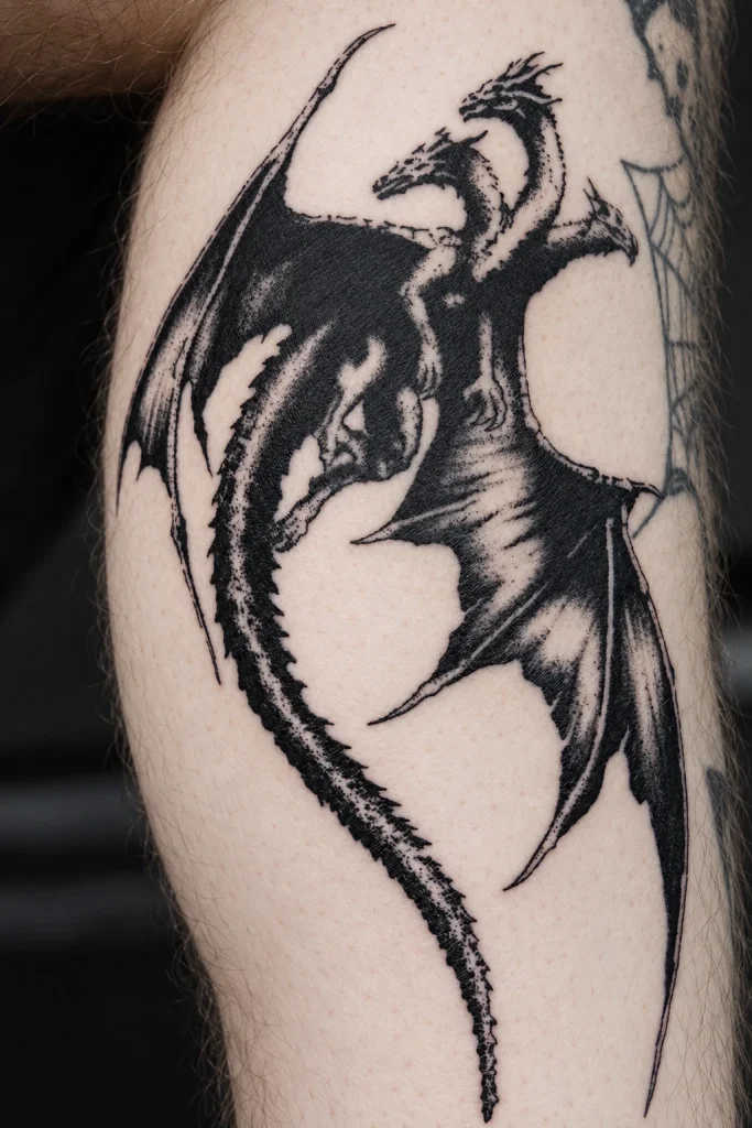 Двуглавый дракон_ татуировка в стиле блэкворк — работа Ильи Comatoz в BLACK CIRCLE TATTOO