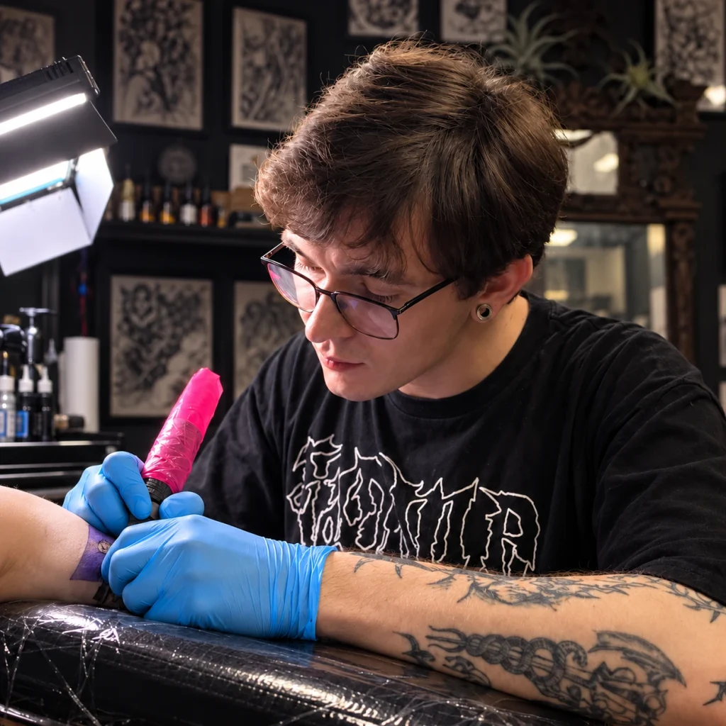 Тату-мастер Илья Comatoz за работой в Black Circle Tattoo